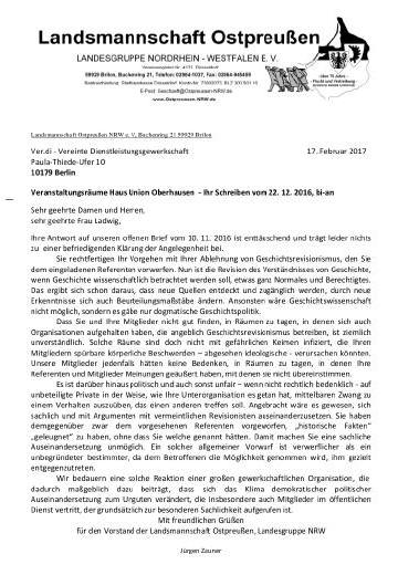 Antwort der LO-NRW auf das Schreiben von ver.di Berlin vom 22.12.2016. - Zur Vergrößerung anklicken!
